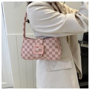 Pink retro checkered pattern underarm bag with a large square buckle detail for women