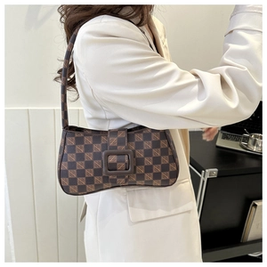 Close-up of brown checkerboard baguette bag with vintage pattern and square buckle