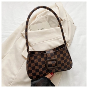 Retro checkered shoulder bag with vintage S patterns and bold square buckle detail