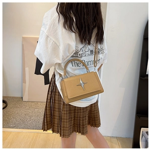 Detail of khaki square crossbody bag with star metal ornament and woven handle
