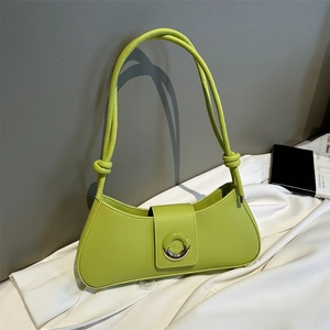 Chic lime green PU leather underarm bag with unique round buckle and knotted strap