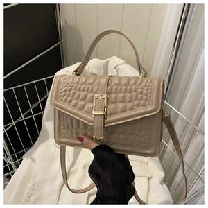 Detailed view of crocodile pattern leather small square bag with elegant golden square buckle