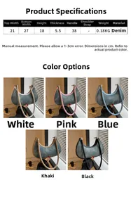 Detailed size chart and multi-color options for denim crescent shoulder bags