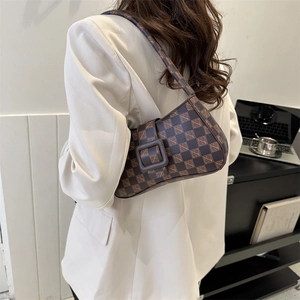 Vintage brown checkered underarm bag for women with classic monogram and square buckle