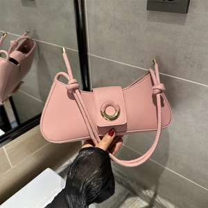 Fashion Women PU Leather Underarm Bag Minimalist Baguette Shoulder Bag With Knotted Strap Circular Metal Buckle Small Daily Handbag