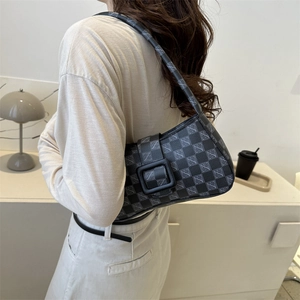 Vintage retro small square bag with checkerboard pattern and wide shoulder strap