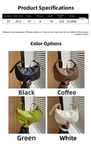 Detailed size chart and dimensions for the solid color PU leather crescent tote shoulder bag