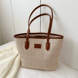 Women Summer Straw Woven Tote Bag Contrast Synthetic Leather Handle Large Capacity Beach Casual Shoulder Bag Handbag