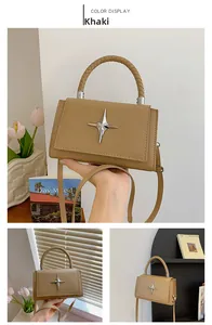 Detail of khaki crossbody bag with lychee texture and silver star metal ornament