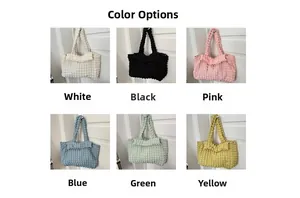 Detailed grid view showing six vibrant colors of the textured popcorn fabric tote bags