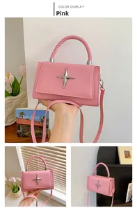 Detailed macro view of pink lychee leather handbag featuring silver star hardware