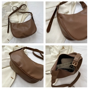 Detailed views of brown litchi grain leather hobo bag showing capacity and strap texture