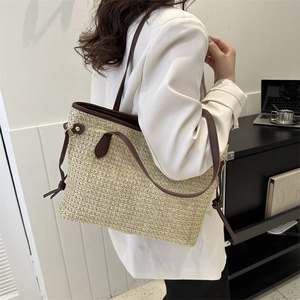 Fashion woven straw tote bag with brown leather handles for summer shoulder wear