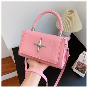 Pink lychee texture PU leather handbag with silver star buckle and adjustable strap