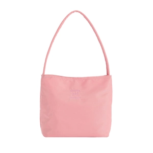 Light pink nylon crossbody bag with shoulder strap and subtle embroidered logo lettering