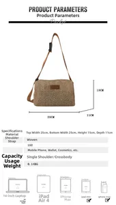 Détails du sac bandoulière tissé kaki avec dimensions 25x15x11cm et comparaison de taille