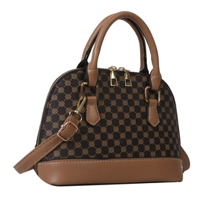 Minimalist shell-shaped crossbody bag with clover pattern and brown leather trim