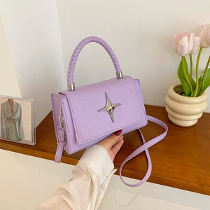 Fashionable PU Leather Women Small Square Bag With Woven Handle And Silver Star Buckle Casual Shoulder Crossbody Handbag