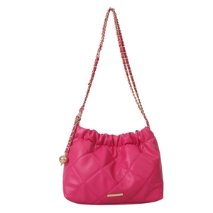 Bright pink quilted faux leather shoulder bag with gold chain strap and top pleats