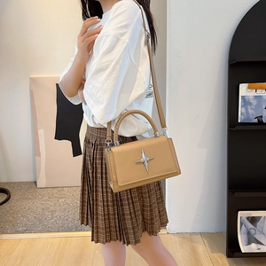 Camel leather crossbody square bag with star metal buckle and woven handle
