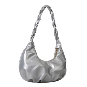 Silver metallic pleated hobo bag with a stylish braided handle and gold-tone zipper closure