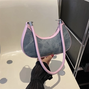 Women Retro Denim Crescent Hobo Bag Y2K Style Washed Fabric Shoulder Bag With PU Leather Trim Daily Versatile Handbag