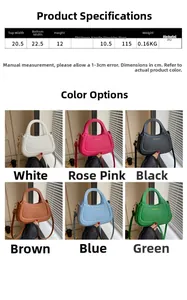 Size guide for mini PU leather shoulder bag showing dimensions and six vibrant color options