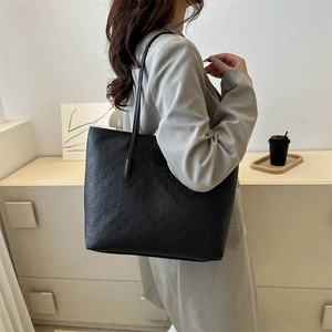 Grand sac cabas noir à carreaux pour femmes, sac à épaule minimaliste urbain