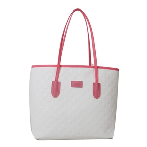 Sac cabas à damier blanc avec anses roses et étiquette mode pour un style décontracté