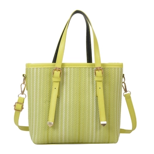 Lime green woven striped tote bag with adjustable handles and detachable shoulder strap