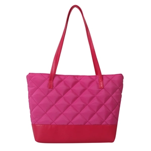 Magenta quilted tote bag with diamond stitching and leather base on a white background