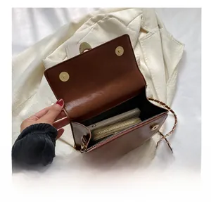 Detail of internal storage showing a long wallet and phone in the brown chain bag