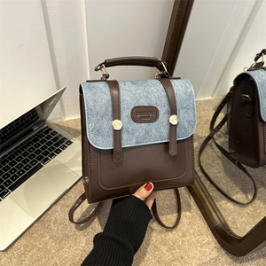Sac à Dos Femme Vintage Color Block en Cuir PU Denim Patchwork Style Preppy Sac d'École pour Étudiants Sac à Dos à Main