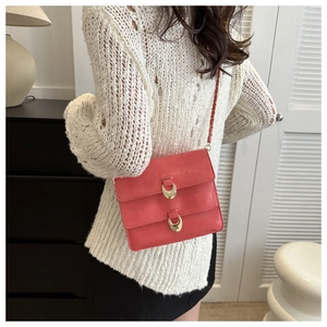 Detail of pink leather shoulder bag with gold chain strap and stylish oval metal buckles