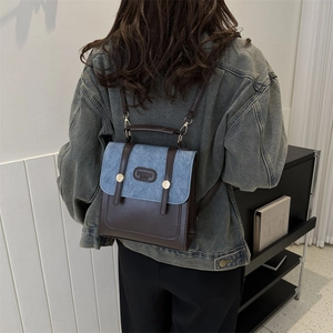 Petit sac à dos femme style britannique en denim et cuir marron avec bretelles