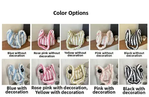 Detailed grid view of plush striped tote bags in blue, rose pink, yellow, and black colors