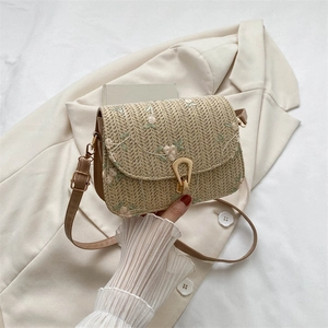 Damen Vintage Stroh Gewebte Umhängetasche Blumenstickerei Kleine Quadratische Schultertasche Mit Goldnem Schloss Kunstleder Riemen