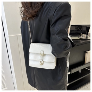 Detail of cream white shoulder bag featuring gold horseshoe buckles and chain strap