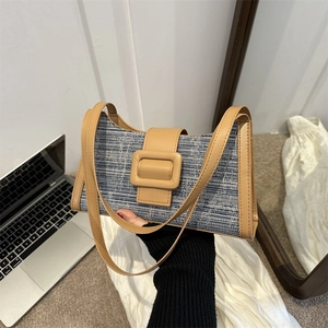 Sac à Épaule Rétro en Cuir PU pour Femme Texture Tweed Sac Baguette Sous le Bras Avec Grande Boucle Mode Urbaine