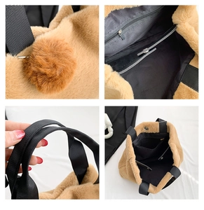 Detailansicht der khakifarbenen Kunstfell-Tasche mit Magnetverschluss und Nylon-Handgriff