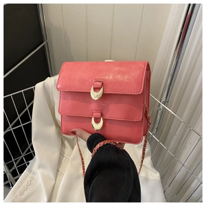Close-up of coral pink crossbody bag with dual flaps and gold hardware details