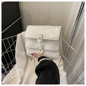 Detailed view of white double-flap bag with gold horseshoe buckles and chain strap