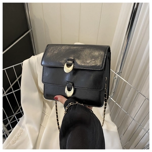 Detail of black glossy vintage handbag with double gold crescent locks and chain strap