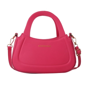 Modern magenta faux leather crossbody bag with top handle and gold logo detail