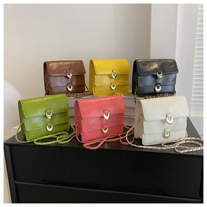 Detail of vintage square purses in multiple colors with gold crescent buckles and chain straps