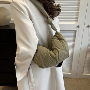 Olive green quilted puffer cloud tote bag with stylish shoulder knot for women