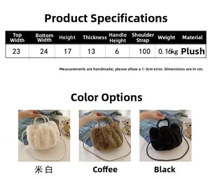 Detailed size chart and dimensions for the plush faux fur handbag in three neutral colors