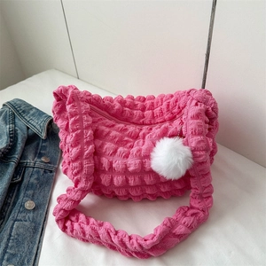 Trendy Ruched Bubble Texture Shoulder Bag For Women Large Capacity Nylon Tote Bag With Plush Ball Pendant Daily Handbag