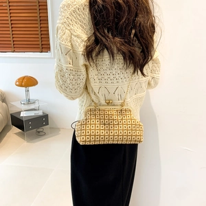 Fashionable woven crossbody bag with metal chain strap worn by a model in warm home interior