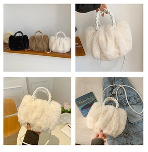 Detail of plush cloud bags in black, brown, and white with woven handles and straps